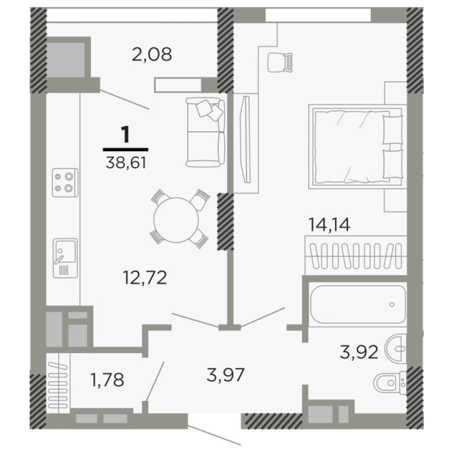 Купить 1 комнатную квартиру 38,61 кв. м. в новом ЖК "Мартовский" на 2 этаже в секции 1Г